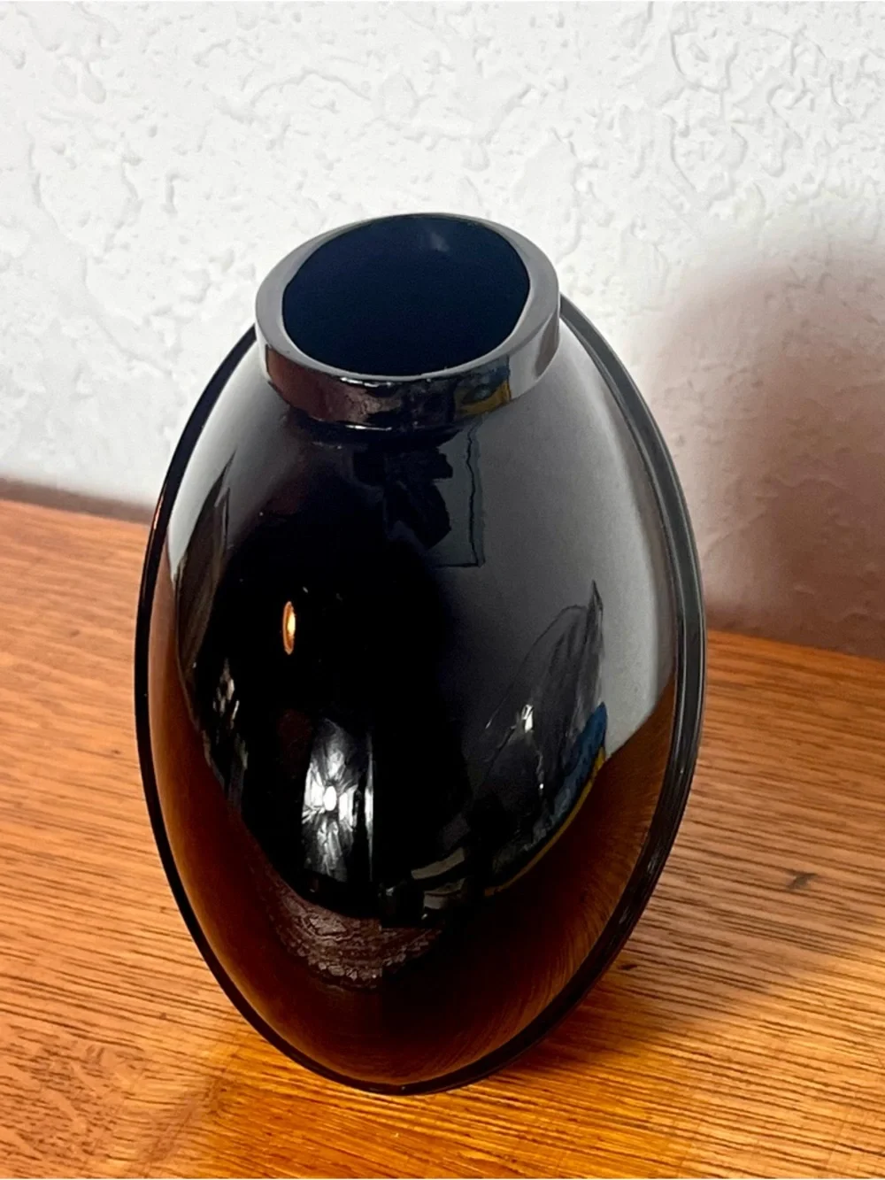 Vintage Blown Glass Vase Art Deco Pleated Oval Decor Black Lightweight 80s Small